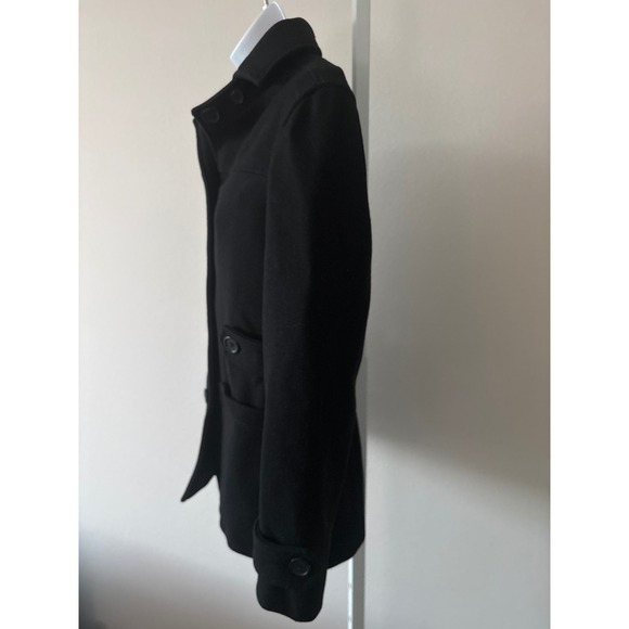 Minimalist Black Wool Blend Coat Size S Button Front Stand Collar Winter Jacket - Picture 12 of 16